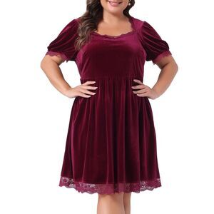 Plus Size Velvet Lace Trim Short Sleeve Party Dresses Burgundy